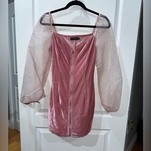 Prettylittlething pink zipper up dress with sheer puff sleeves